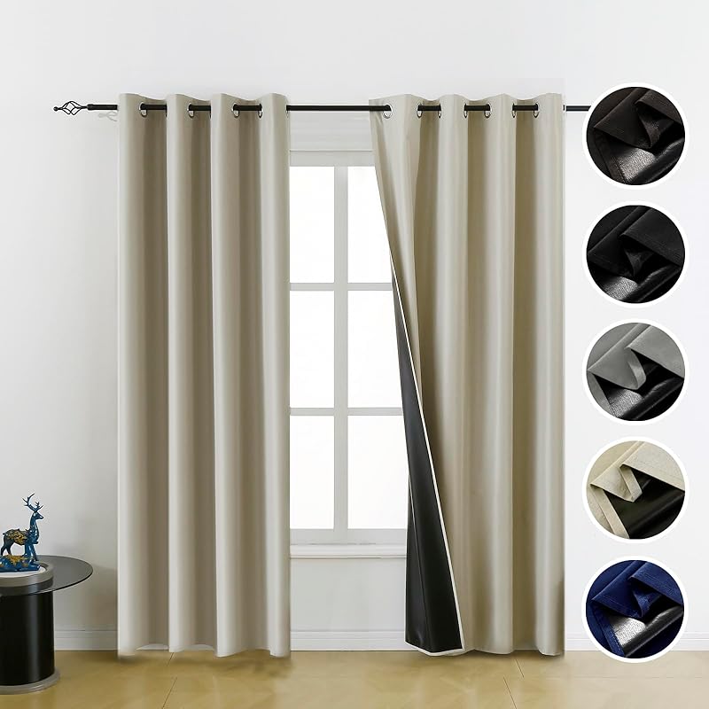 Beige 100% Blackout 2 Panels Window Curtains
